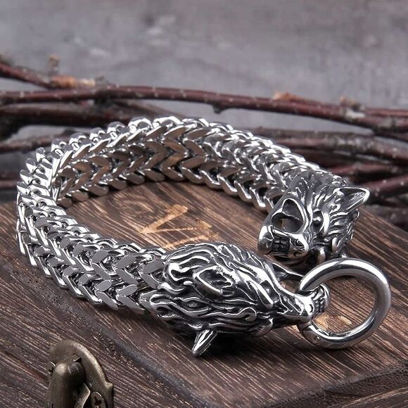 HALLOWEEN SALE Silver Twin Nordic Wolf Chain Bracelet - Picture 3 of 6